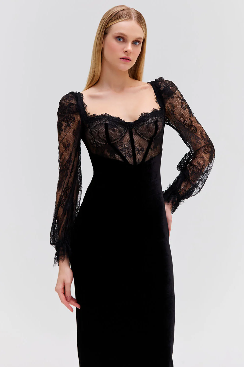 LACE AND VELVET MIDI DRESS - Image 3
