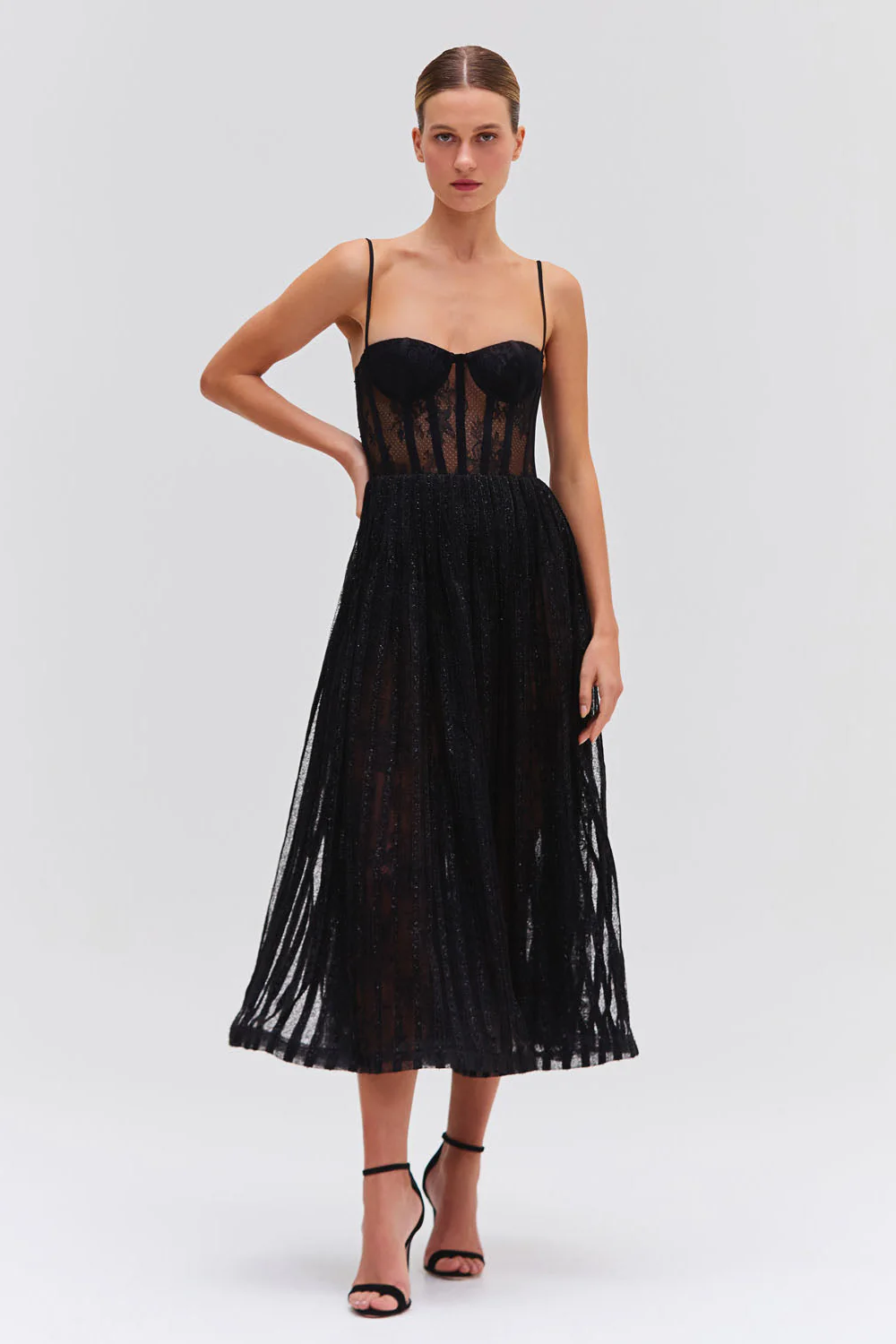 LUREX TULLE BUSTIER MIDI DRESS